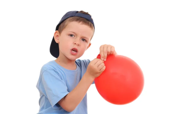 Anos Idade Menino Explodir Balão Isolado Branco — Fotografia de Stock