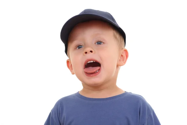 Портрет Трирічного Хлопчика Язиком Ізольовано Білому — стокове фото