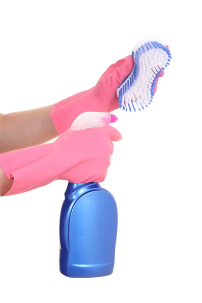 Close Ups Mãos Luvas Com Produtos Limpeza — Fotografia de Stock