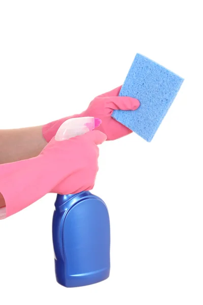 Nahaufnahmen Von Händen Handschuhen Mit Reinigungsmitteln — Stockfoto