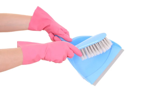 Close Ups Hands Gloves Broom Isolated White — Stock Photo, Image