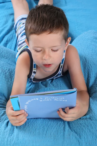 Years Old Boy Reading Book Bed Relax — Stock Photo, Image