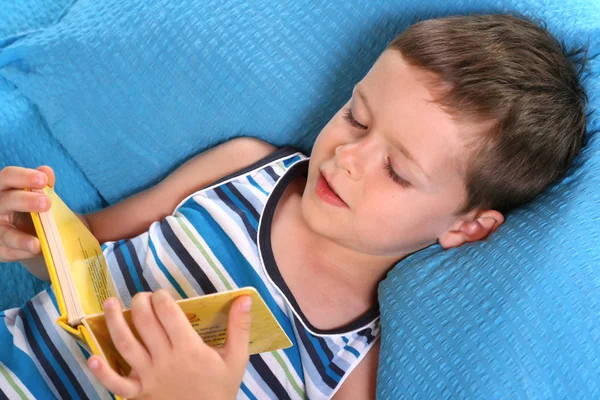 Years Old Boy Reading Book Bed Relax — Stock Photo, Image