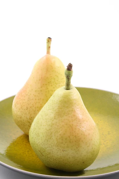 Close Ups Two Delicious Pears Plate Isolated White — Stock Photo, Image