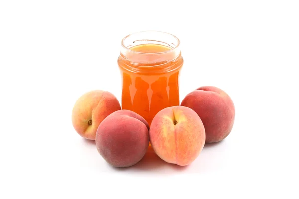 Jar Peach Jam Some Fresh Fruits Isolated White — Stock Photo, Image