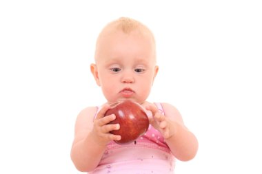 lovely 10 months baby girl with red apple isolated on white clipart