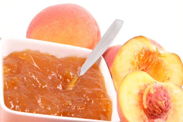 Schüssel Mit Pfirsichmarmelade Und Frischen Früchten — Stockfoto