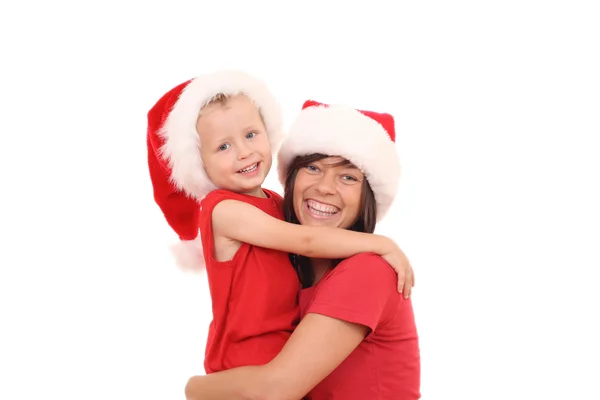 母亲在圣诞开心的老儿子帽子孤立上白色的 — 图库照片