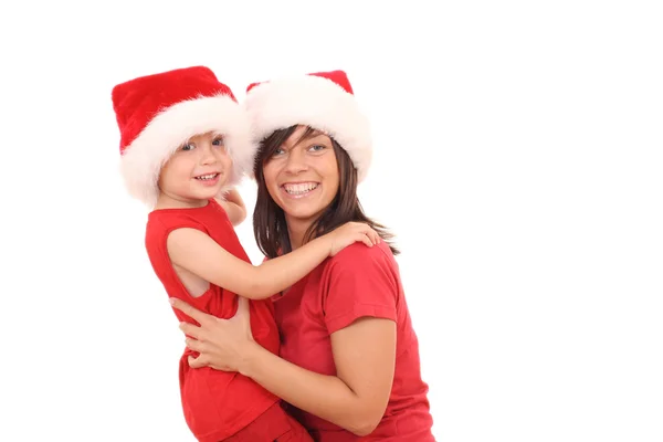 Mutter Jahre Alter Sohn Hat Spaß Weihnachtsmützen Isoliert Auf Weiß — Stockfoto