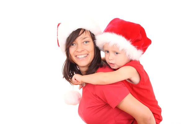 Matka Roky Starý Syn Baví Vánoční Čepice Izolované Bílém — Stock fotografie