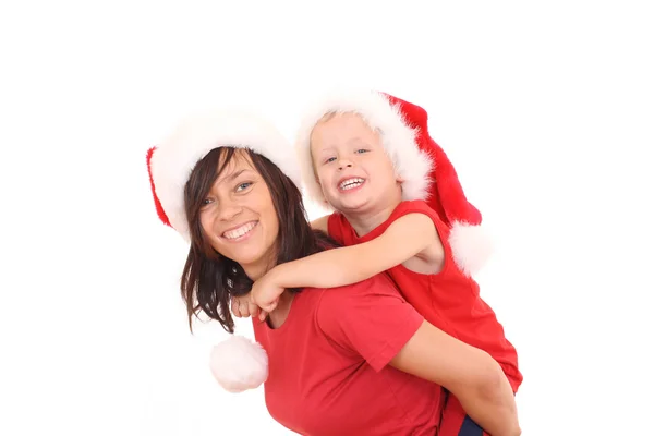 Mãe Anos Idade Filho Divertindo Chapéus Natal Isolado Branco — Fotografia de Stock