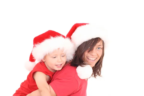 Madre Años Hijo Divirtiéndose Sombreros Navidad Aislados Blanco —  Fotos de Stock