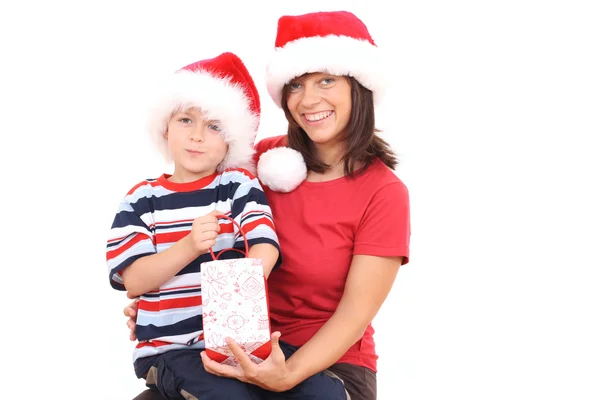 Madre Anni Figlio Divertirsi Cappelli Natale Isolati Bianco — Foto Stock