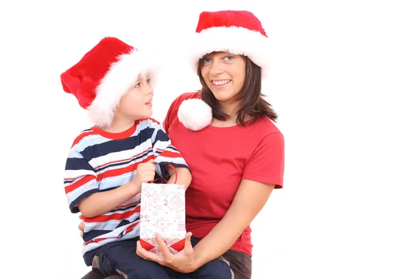 Madre Hijo Años Divierten Sombreros Navidad Aislados Blanco — Foto de Stock