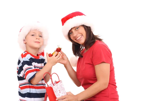 Madre Hijo Años Divierten Sombreros Navidad Aislados Blanco —  Fotos de Stock