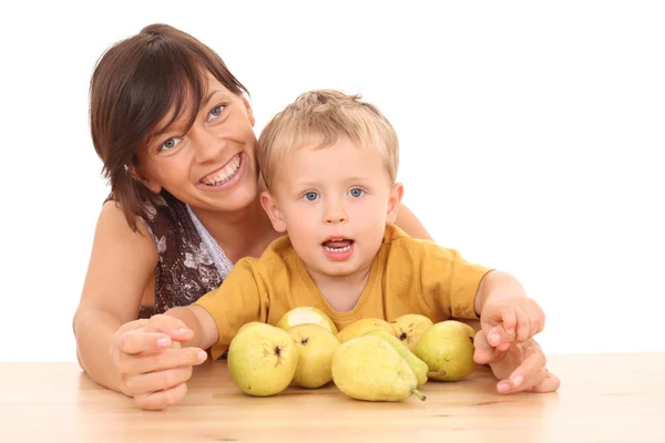 Mother Years Old Boy Fresh Pears Isolated White — Stock Photo, Image