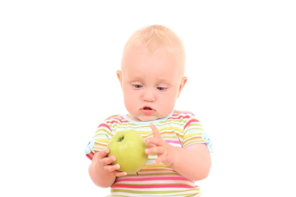 Belle Fille Mois Bébé Avec Pomme Verte Isolé Sur Blanc — Photo