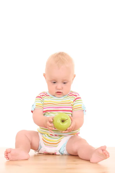 Krásné Desetiměsíční Holčička Zelené Jablko Izolovaných Bílém — Stock fotografie
