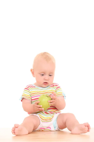 Мила Дівчинка Місяців Зеленим Яблуком Ізольована Білому — стокове фото