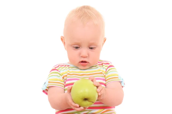 Mooie Maanden Babymeisje Met Groene Appel Geïsoleerd Wit — Stockfoto
