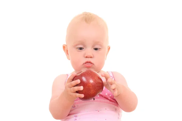 Piękne Miesięcy Córeczkę Czerwone Jabłko Białym Tle — Zdjęcie stockowe