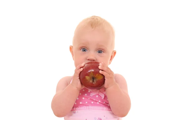 Piękne Miesięcy Córeczkę Czerwone Jabłko Białym Tle — Zdjęcie stockowe