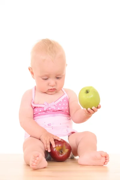 Piękne Miesięcy Córeczkę Apple Zielony Czerwony Białym Tle — Zdjęcie stockowe