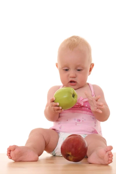 Mooie Maanden Babymeisje Met Groene Rode Appel Geïsoleerd Wit — Stockfoto
