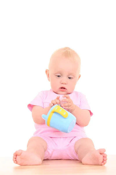 Retrato Meses Menina Com Copo Bebê Isolado Branco — Fotografia de Stock