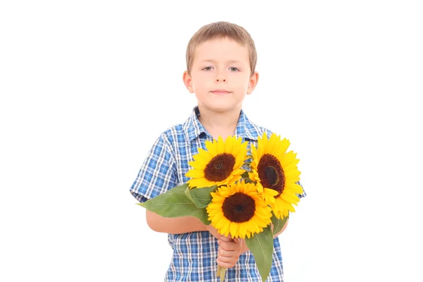 Entzückende Jahre Alte Junge Mit Sonnenblumen Isoliert Auf Weiß — Stockfoto