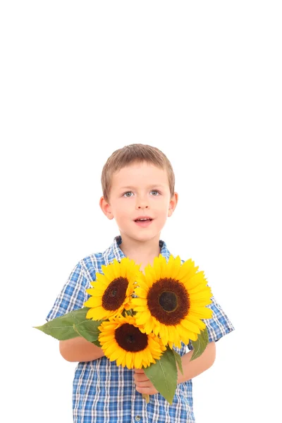 Bedårande Gammal Pojke Med Solrosor Isolerad Vit — Stockfoto
