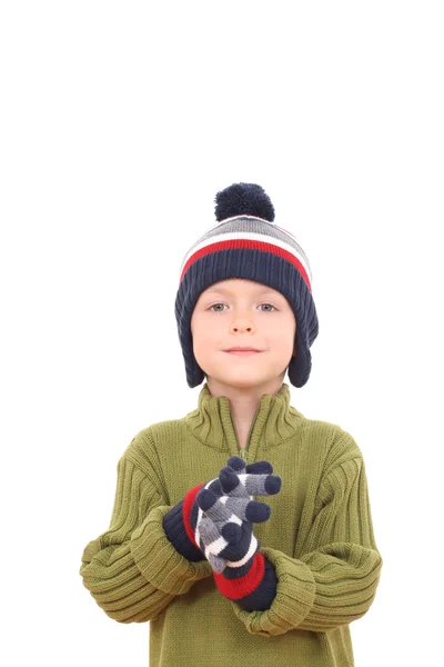 Летний Мальчик Шляпе Перчатках Зимний Портрет — стоковое фото