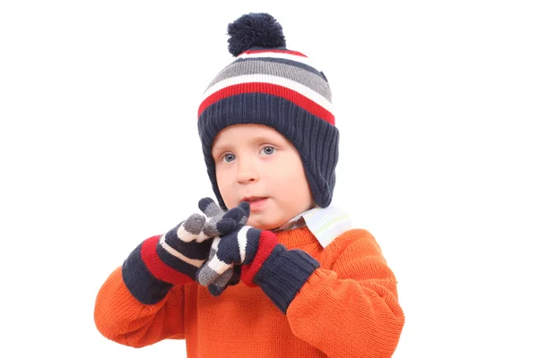 岁男孩的帽子和手套 冬季肖像 — 图库照片