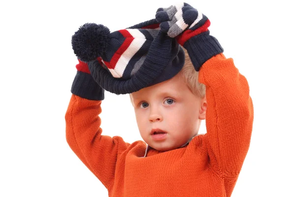 Jaar Oude Jongen Muts Handschoenen Winter Portret — Stockfoto