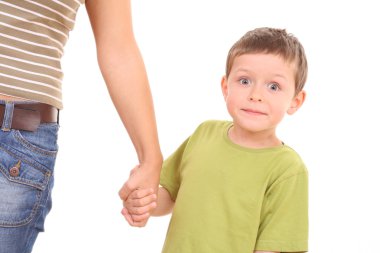 5-6 years old boy with his mother isolated on white clipart