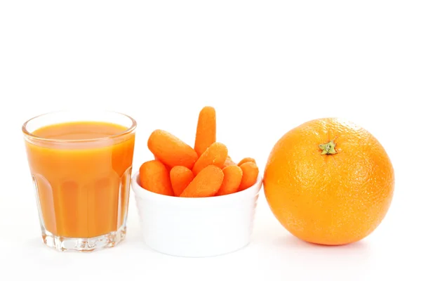 Verre Carotte Jus Orange Aux Fruits Frais Aliments Boissons — Photo