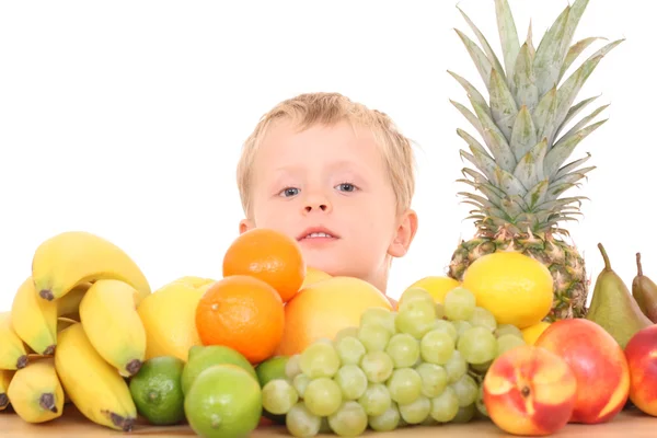 Years Old Boy Lots Various Fruits Isolated White — Stock Photo, Image