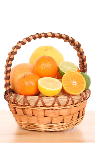 Basket Fresh Delicious Citrus Fruits Isolated White — Stock Photo, Image