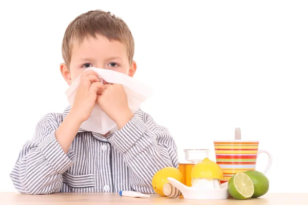 Lat Chłopiec Remedy Termometr Przeziębienia Grypy — Zdjęcie stockowe