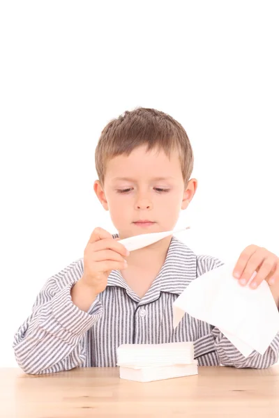 Years Old Boy Thermometer Tissue — Stock Photo, Image