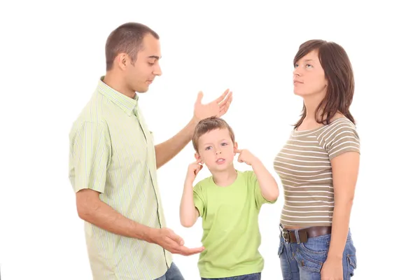 Twierdząc Rodziny Rodzice Lat Chłopiec Białym Tle — Zdjęcie stockowe