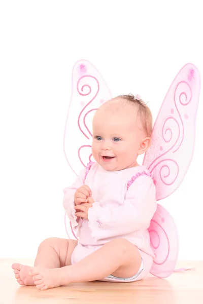 ヶ月赤ちゃんピンク色の羽を持つ少女 — ストック写真