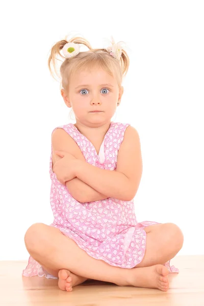 Porträt Eines Jährigen Wütenden Mädchens Rosa Kleid Isoliert Auf Weiß — Stockfoto