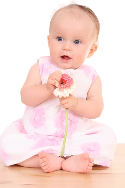 6 ヶ月の赤ちゃんの花を持つ少女 — ストック写真