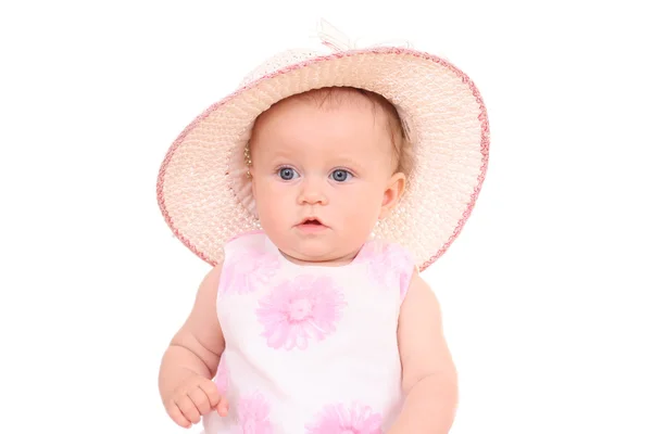 个月宝宝帽子和孤立在白色的粉色衣服的女孩 — 图库照片