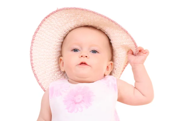 白で隔離される帽子の女の赤ちゃん — ストック写真