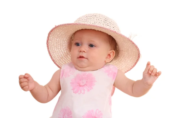 Meses Bebê Menina Vestido Rosa Chapéu Isolado Branco — Fotografia de Stock