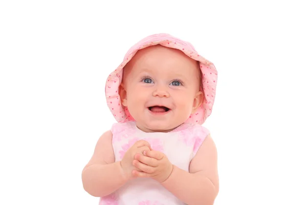 Monate Baby Mädchen Rosa Kleid Und Hut Isoliert Auf Weiß — Stockfoto