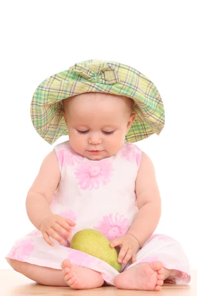 Maanden Babymeisje Met Groene Peer Geïsoleerd Wit — Stockfoto