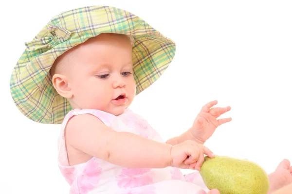 Monate Kleines Mädchen Mit Grüner Birne Isoliert Auf Weiß — Stockfoto